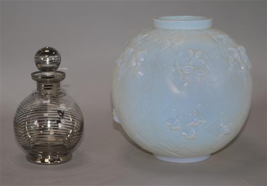 A Sabino, Paris opalescent glass vase, of spherical form, moulded with honeybees and honeycomb and a small glass bottle